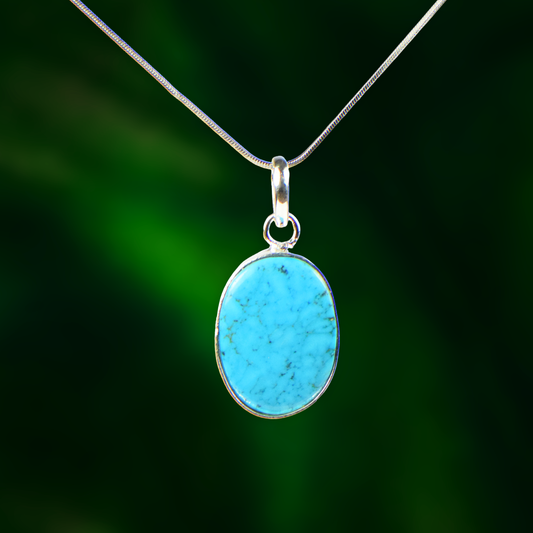 Blue Howlite Stone German Silver Oval-Pendant With Chain