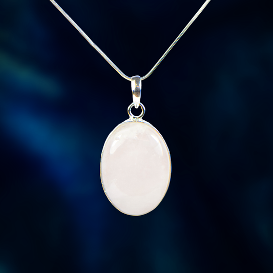 Rose Quartz Stone German Silver Oval-Pendant With Chain