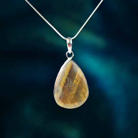 Tiger Eye Stone German Silver Pear Pendant With Chain