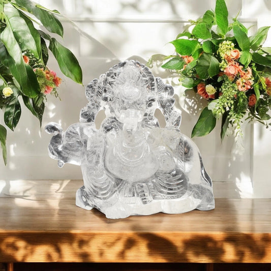 6'' Clear Quartz Ganesha with Elephant Crystal Idol Showpieces-1350 Gm (Approx.) Statue Figurine for Home Decoration