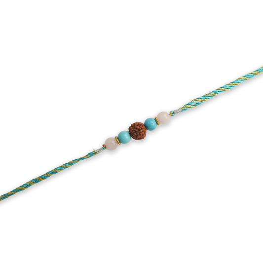 Crystals Rakhi For Harmony & Good Luck ( Rudraksha +Turquoise + Rose Quartz ) D No. R-18