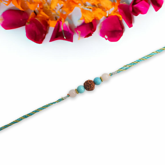 Crystals Rakhi For Harmony & Good Luck ( Rudraksha +Turquoise + Rose Quartz ) D No. R-18