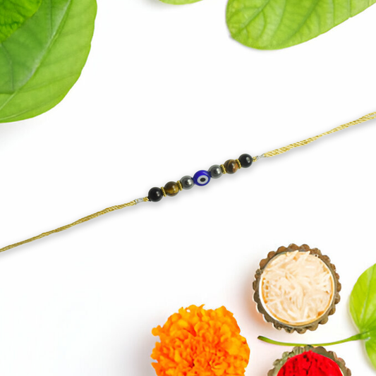 Crystals Rakhi For Evil Protection (Obsidian +Tiger-eye +Hematite + Evil-eye ) D No. R-21