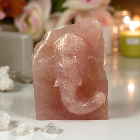 Rose Quartz Slab Ganesh Statue