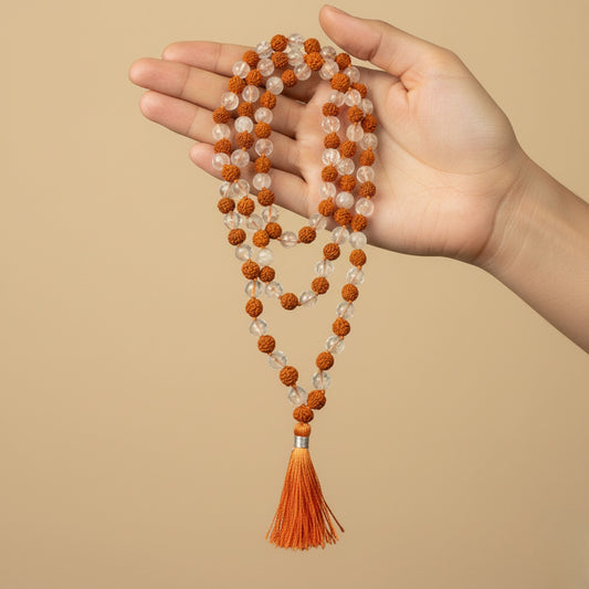Rudraksha & Crystal Quartz Mala (108 beads) 8 mm