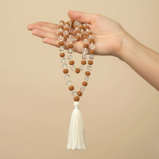 Rudraksha & Clear Quartz Mala (108 beads) 8 mm