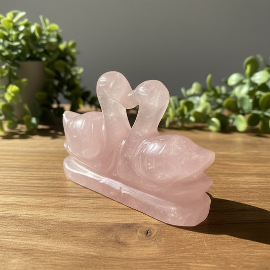 Rose Quartz Mandarin Ducks Pair (615 Gm)