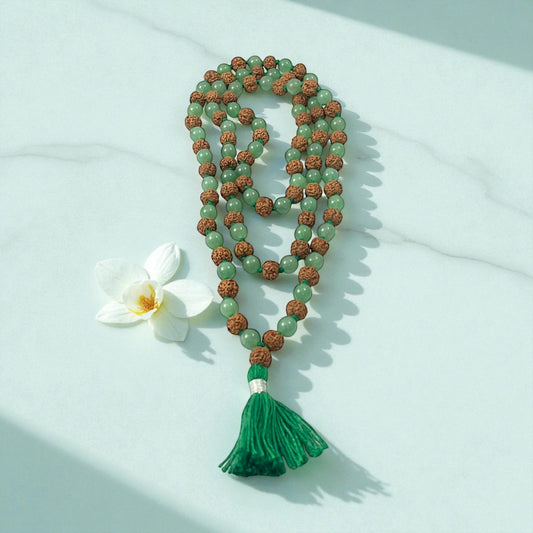 Green Aventurine & Rudraksha Mala (108 beads) 8 mm