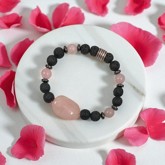 Rose Quartz, Lava & Hematite bracelet 8mm Beads