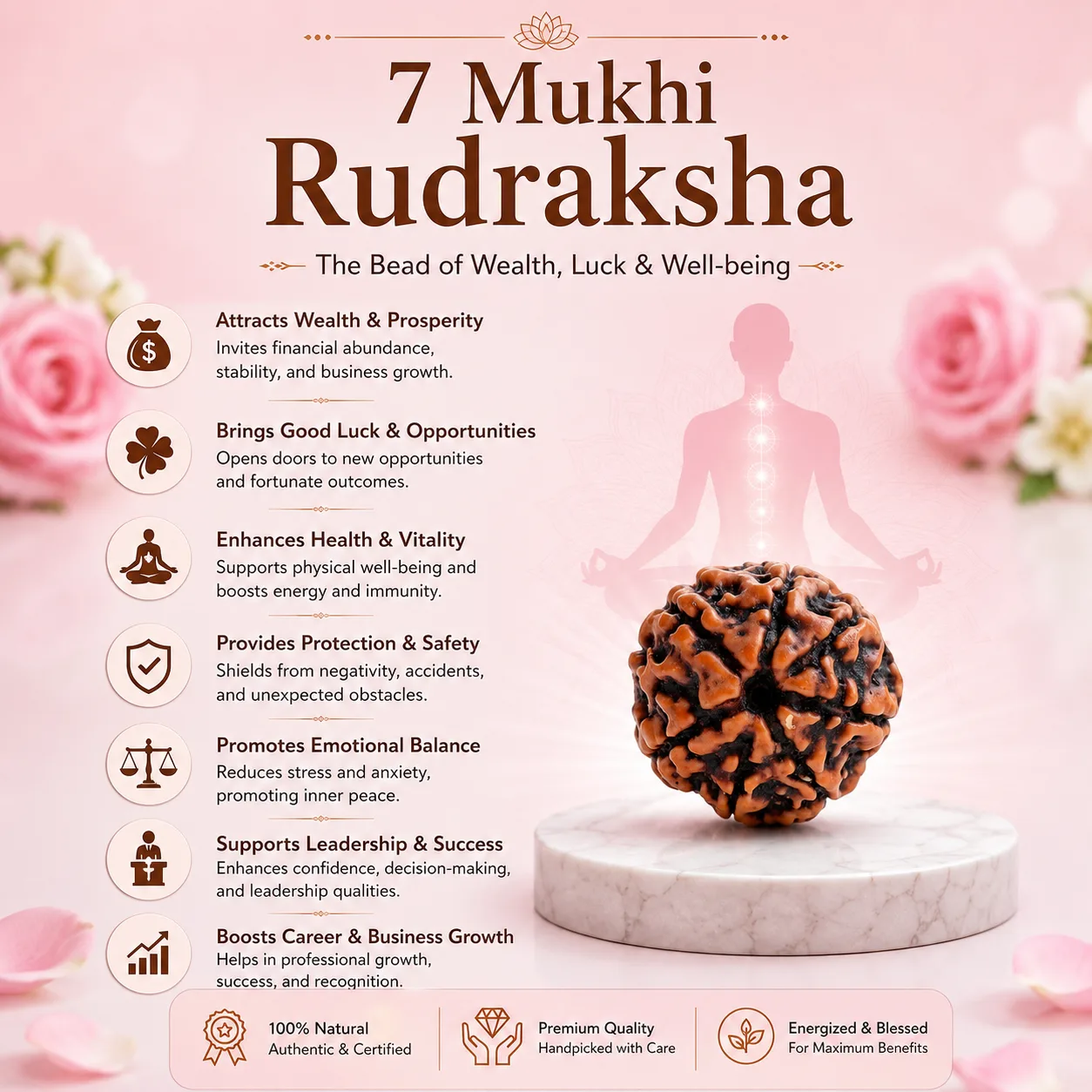 Natural 7 Mukhi Rudraksha German Silver Pendant – Available in A, AA & AAA Quality