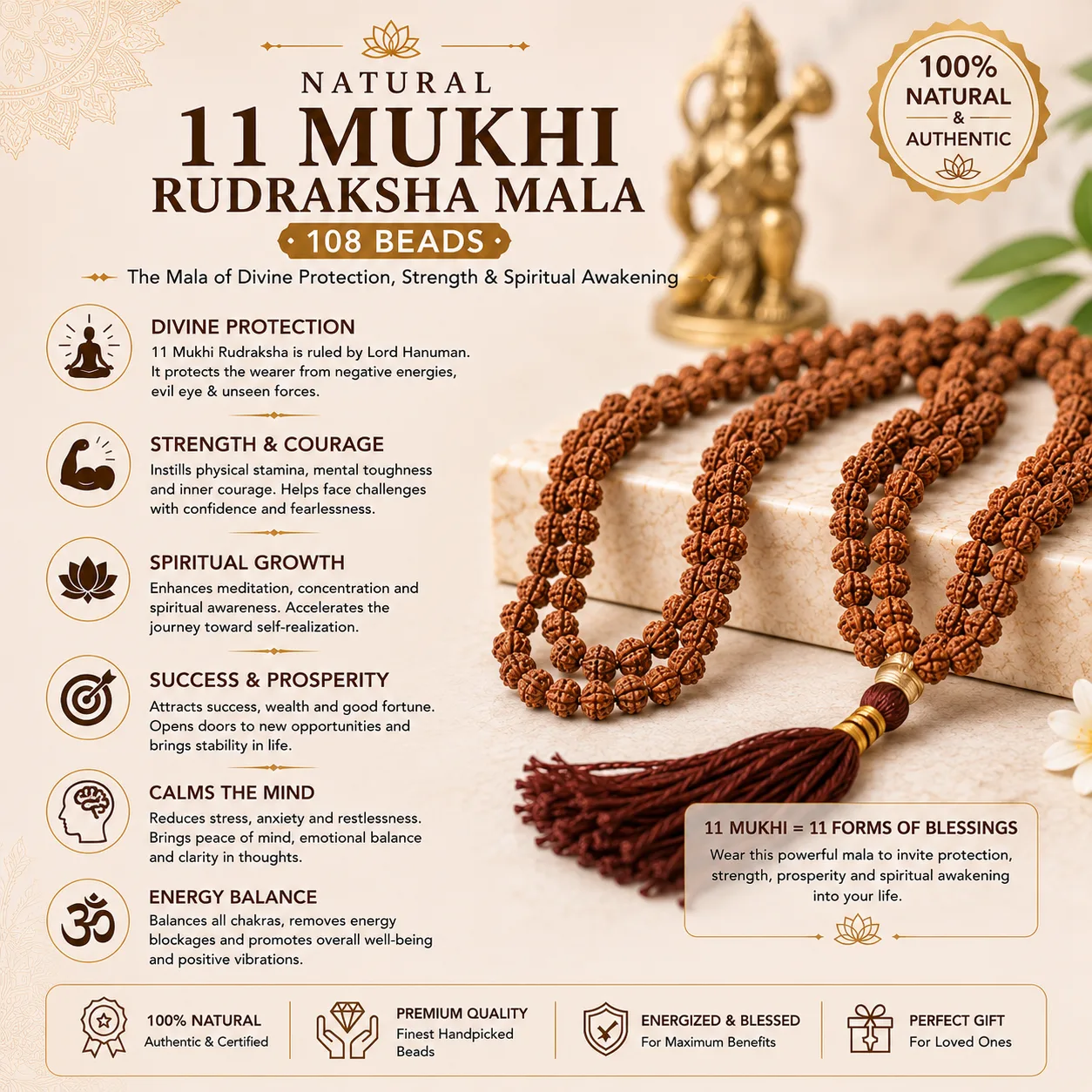 Natural 11 Mukhi Rudraksha Mala 108 Beads