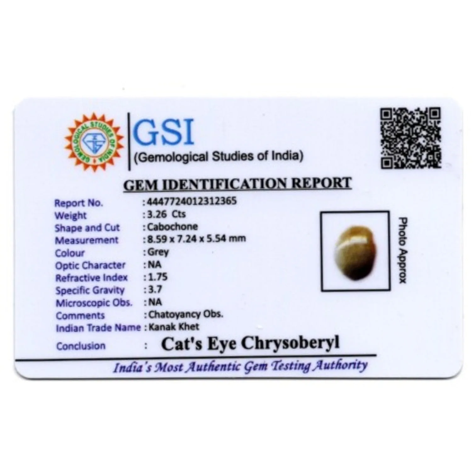 Natural Cats Eye Chrysoberyl - 3.26 Carat