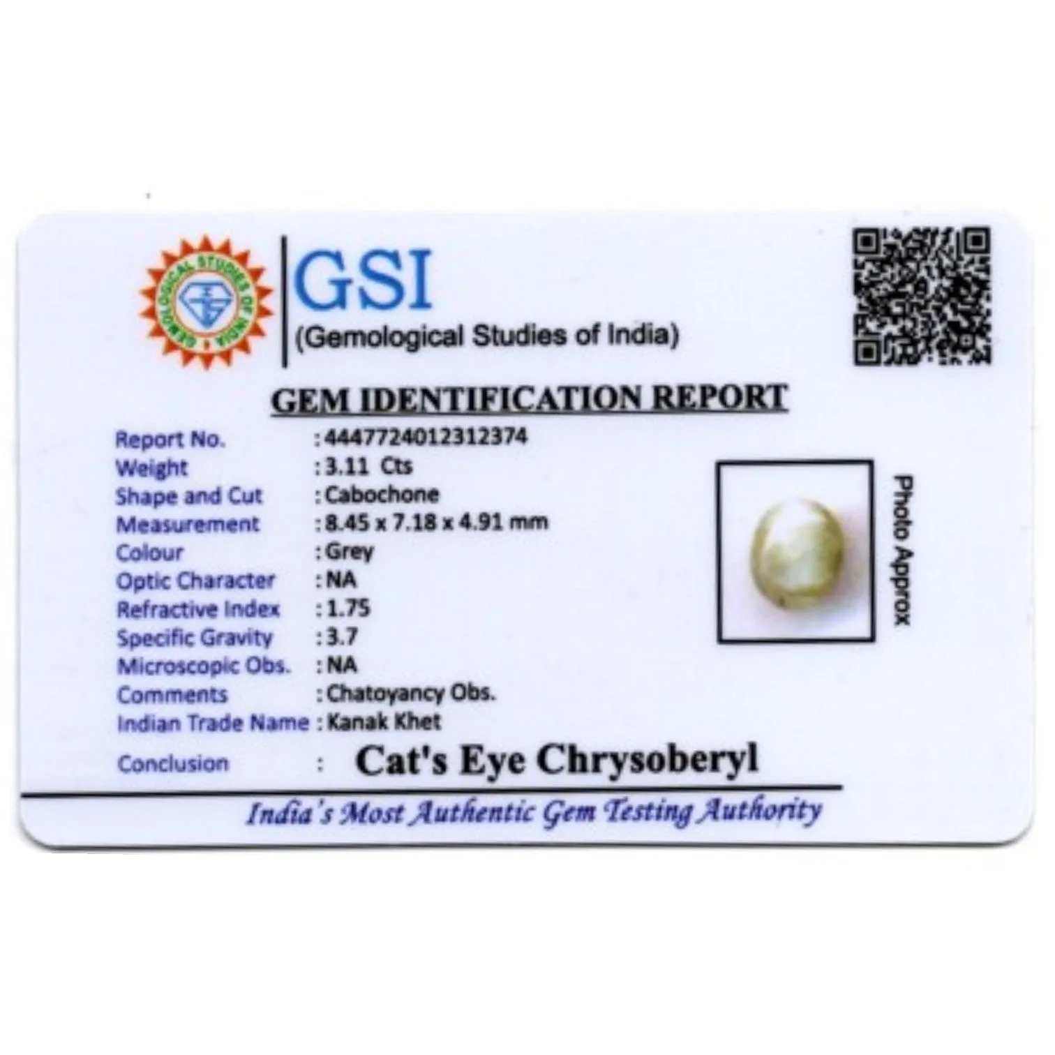 Natural Cats Eye Chrysoberyl - 3.11 Carat