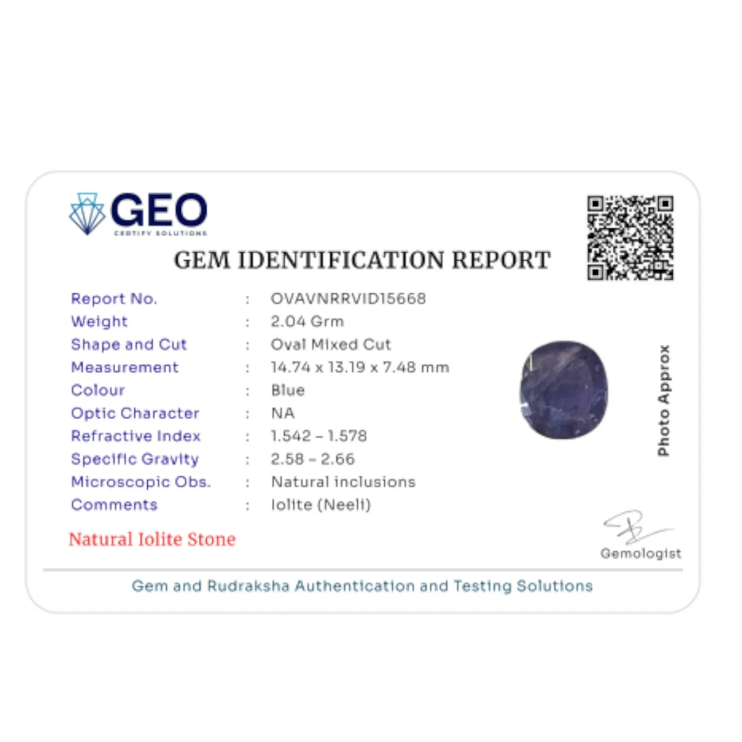 Natural Iolite - 10.2 Carat