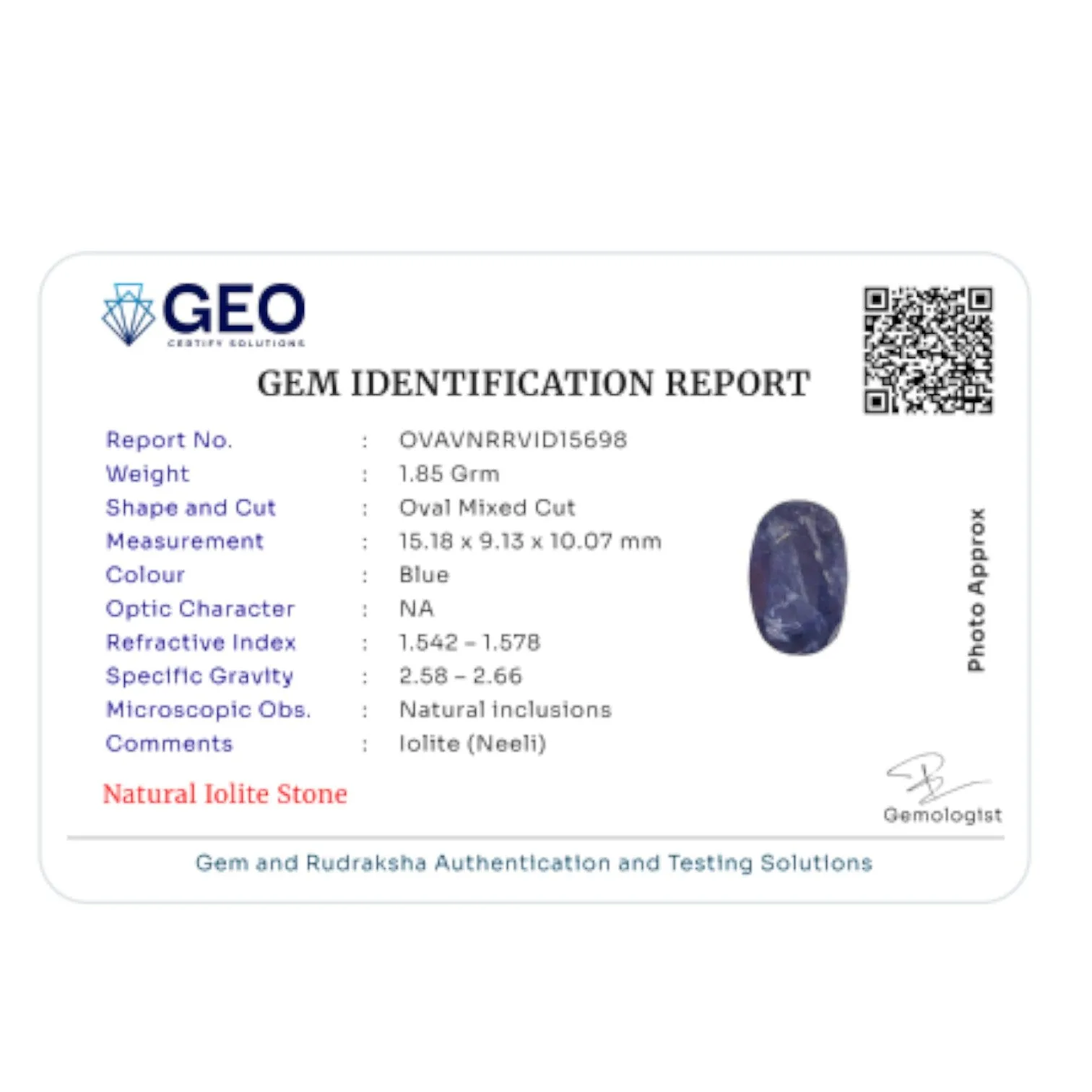 Natural Iolite   9.25 Carat