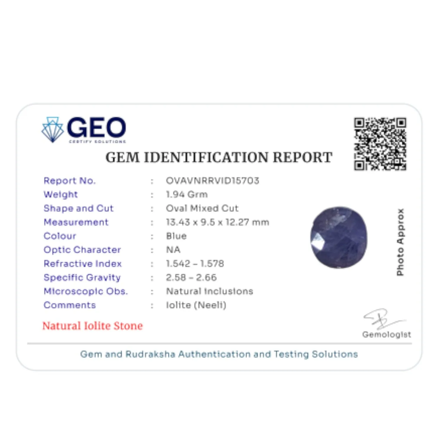 Natural Iolite   9.7 Carat