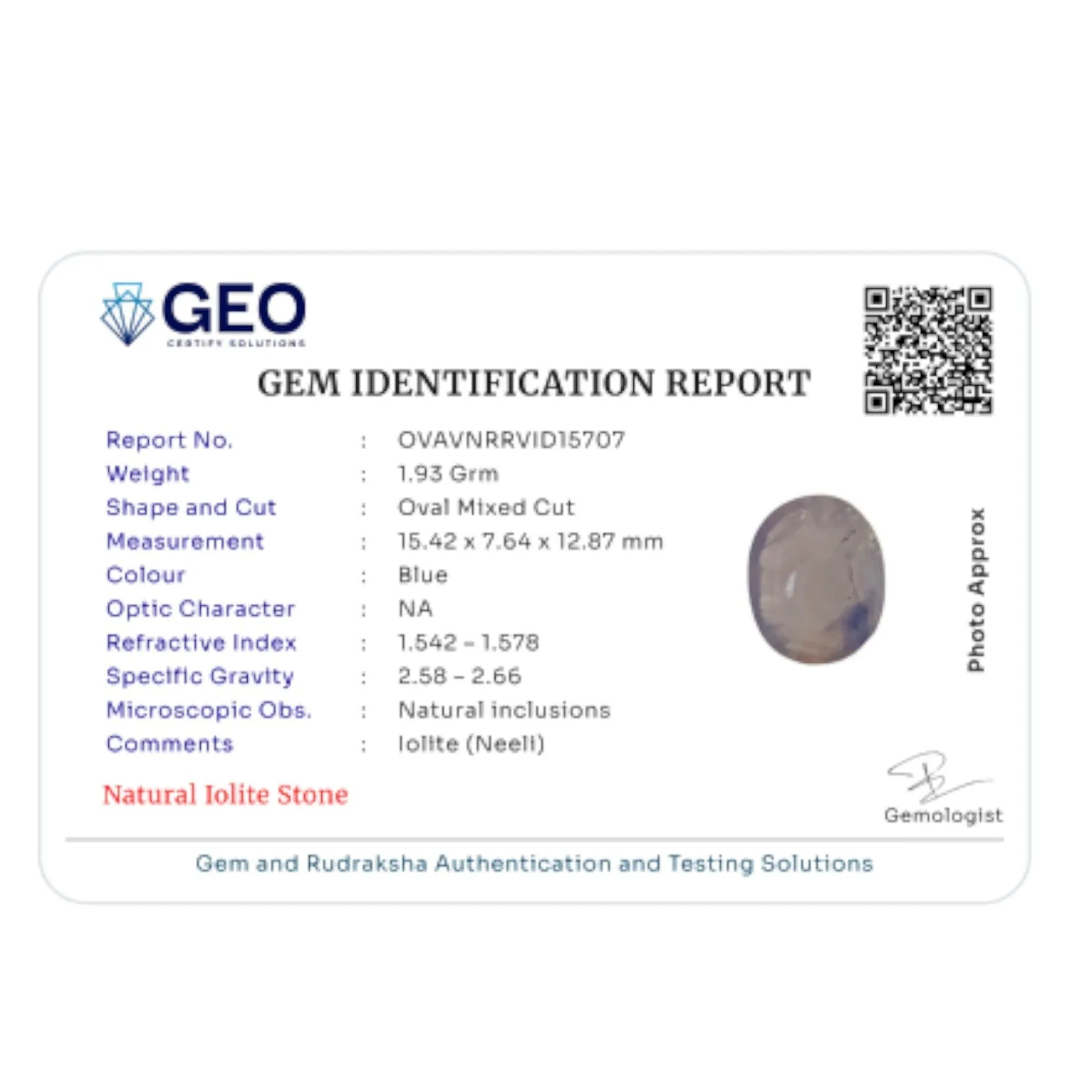 Natural Iolite   9.65 Carat