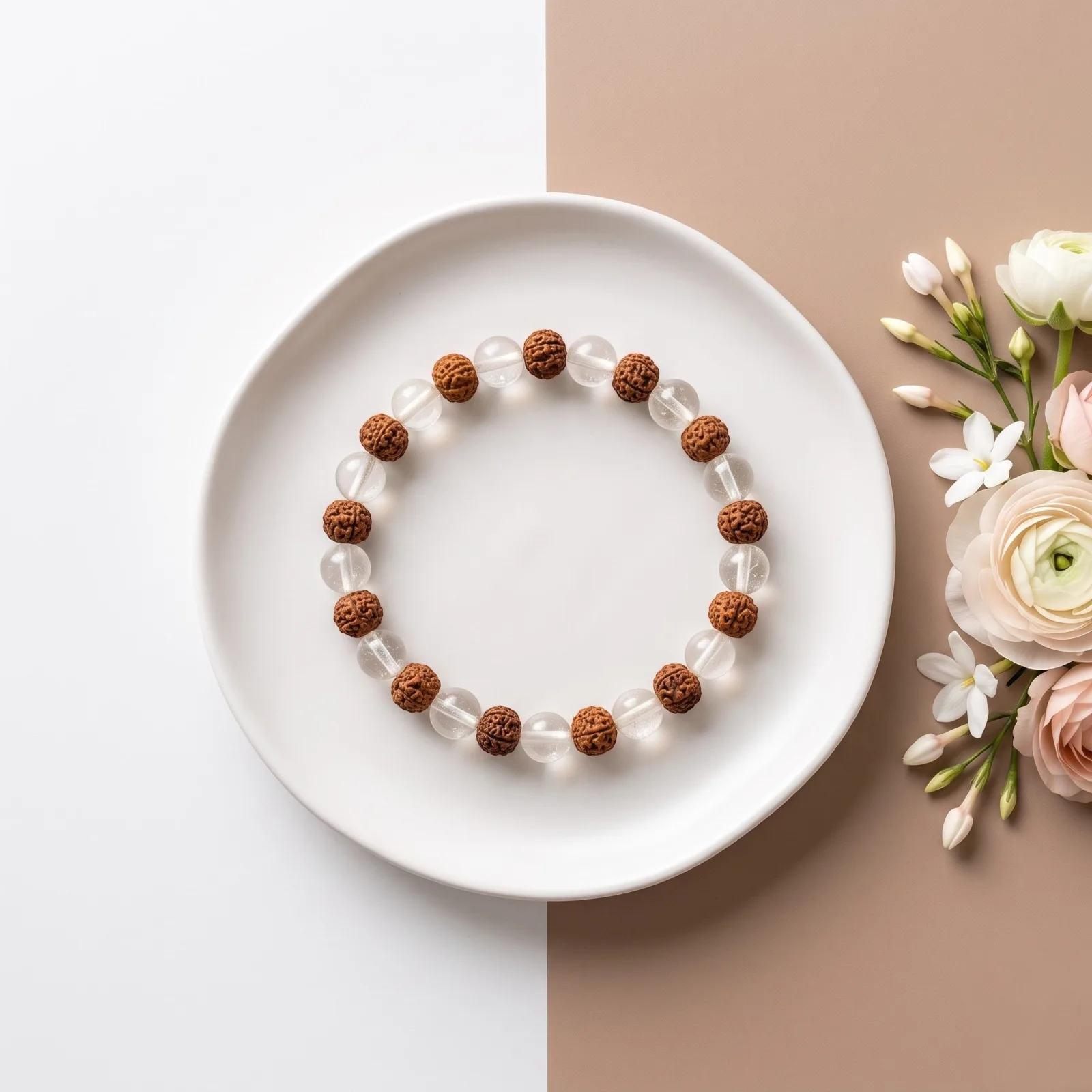 5 Mukhi Rudraksha & Sphatik Bracelet 8 MM Beads