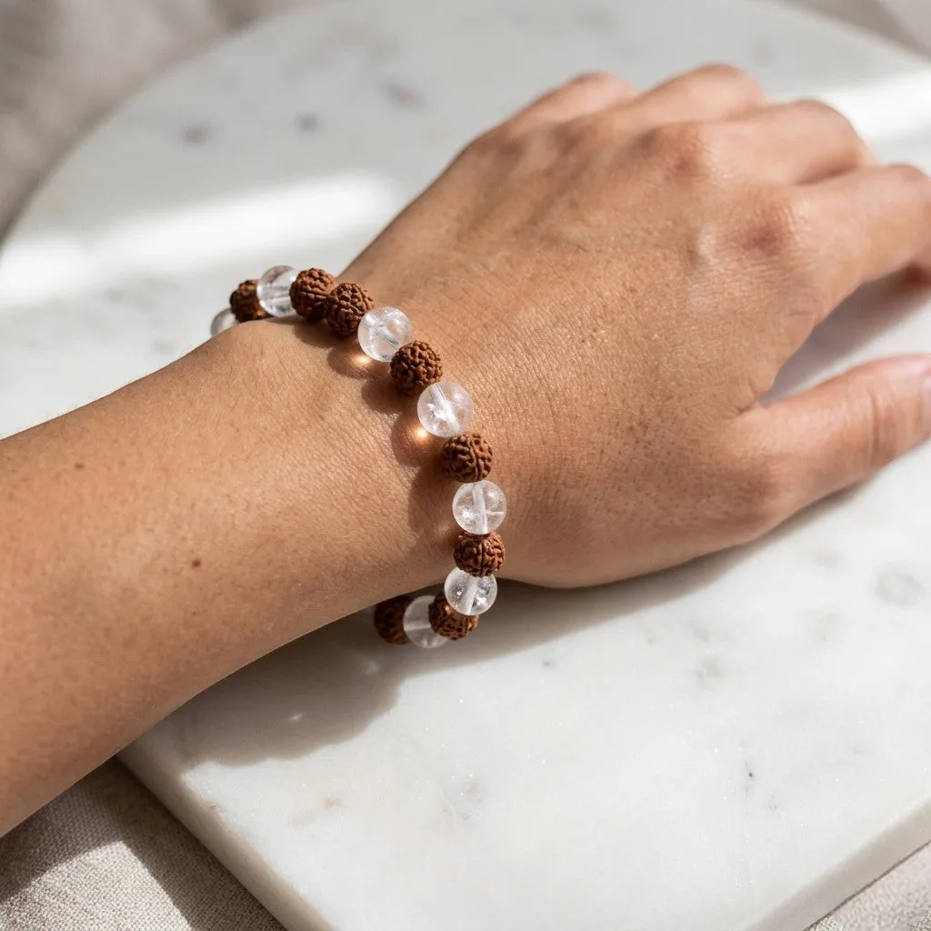 5 Mukhi Rudraksha & Sphatik Bracelet 8 MM Beads