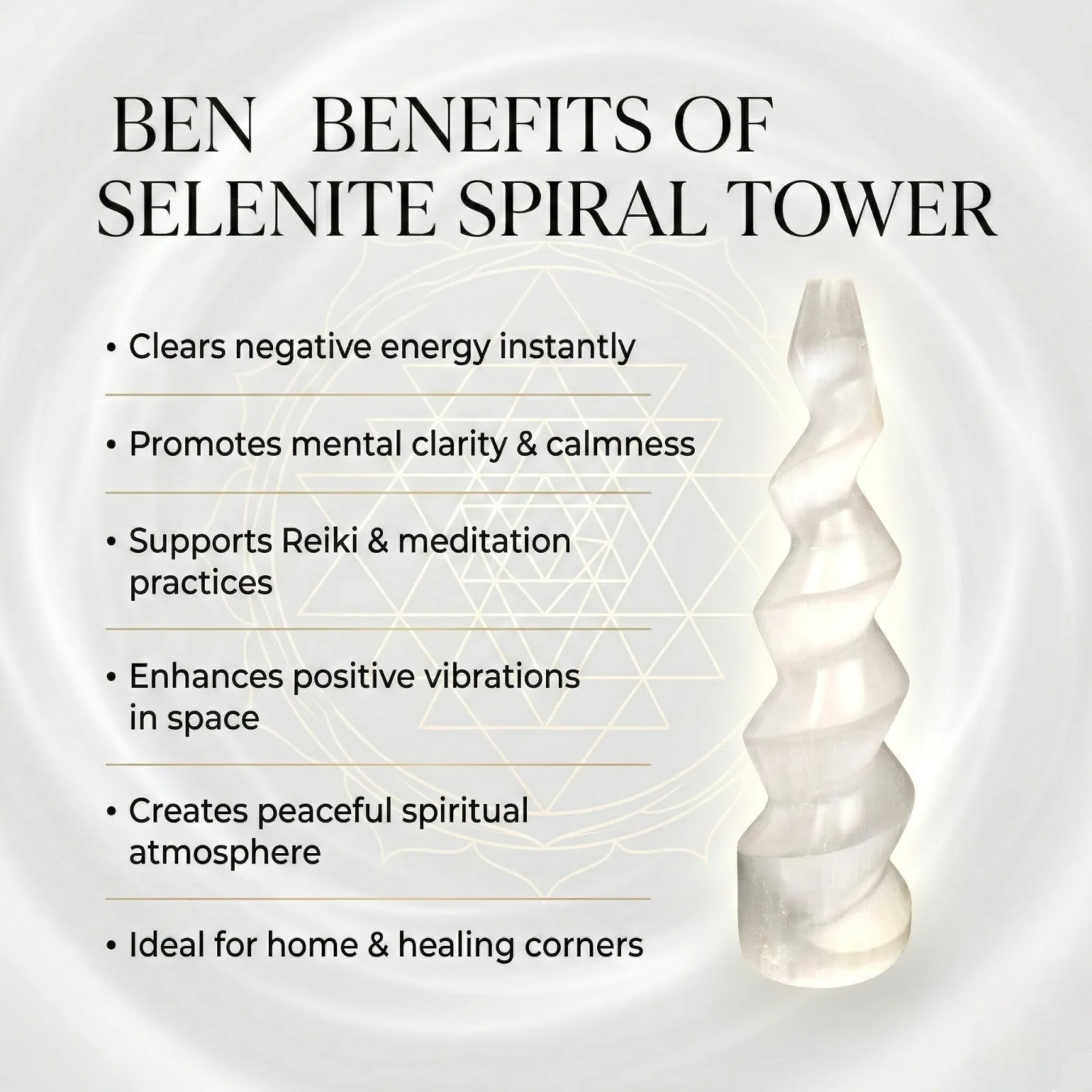 Selenite Spiral Tower - 15.24 cm Handcrafted Crystal for Reiki, Healing