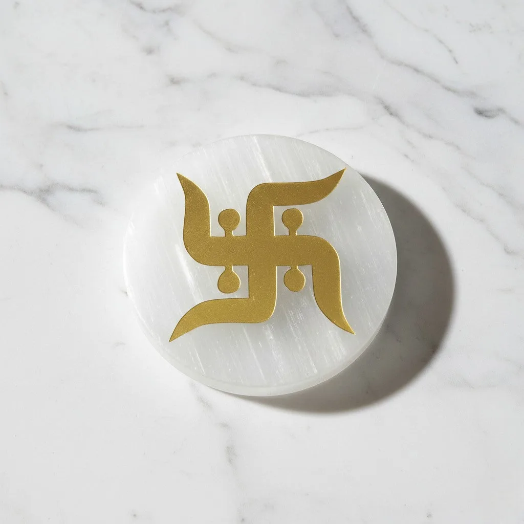 Swastik selenite Golden Circle plate