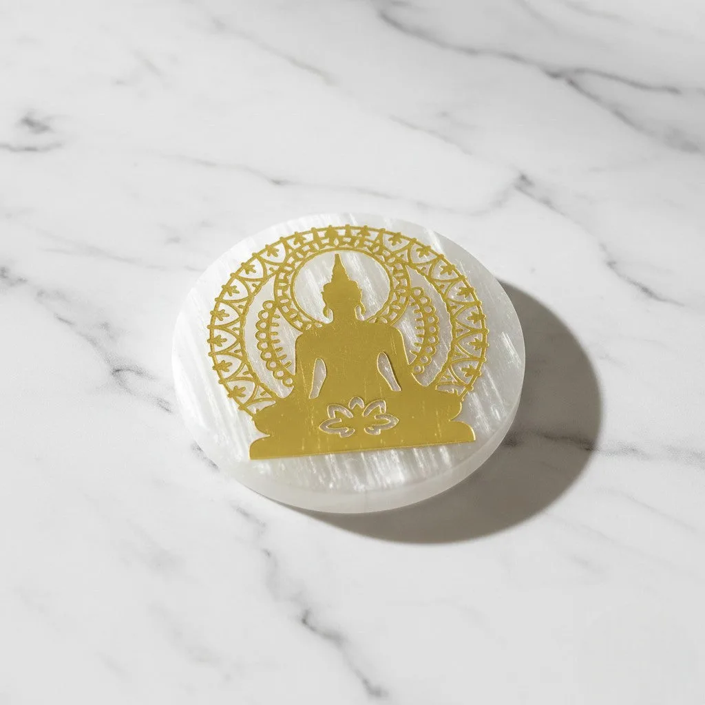 Buddha selenite Golden Circle plate