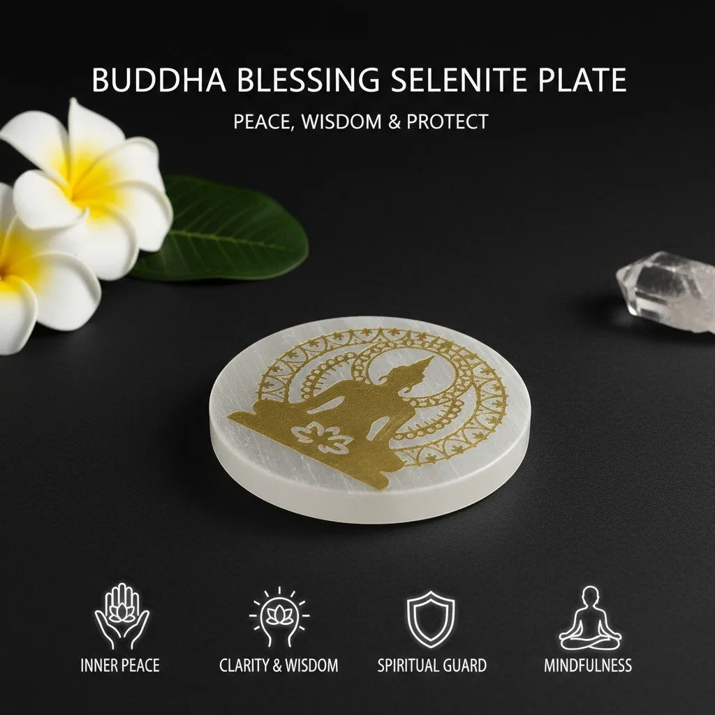 Buddha selenite Golden Circle plate