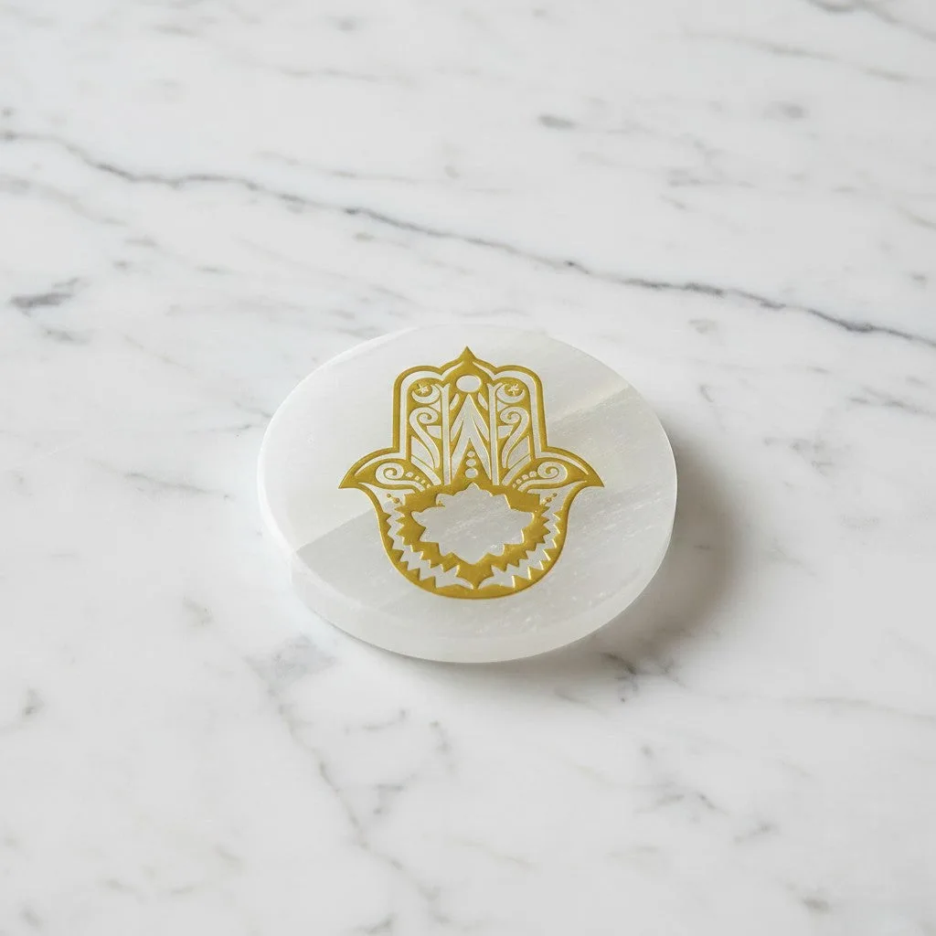Hamsa symbol selenite Golden Circle plate