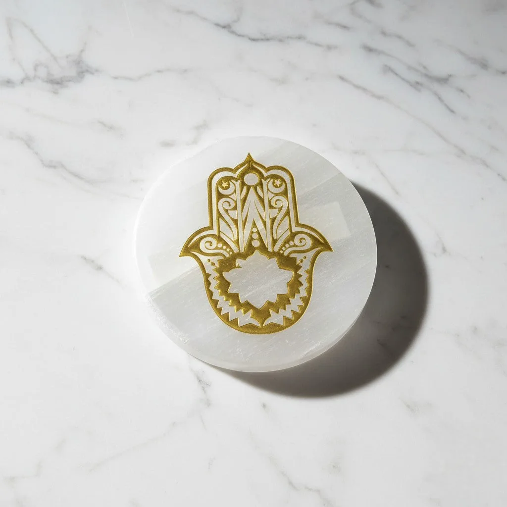Hamsa symbol selenite Golden Circle plate
