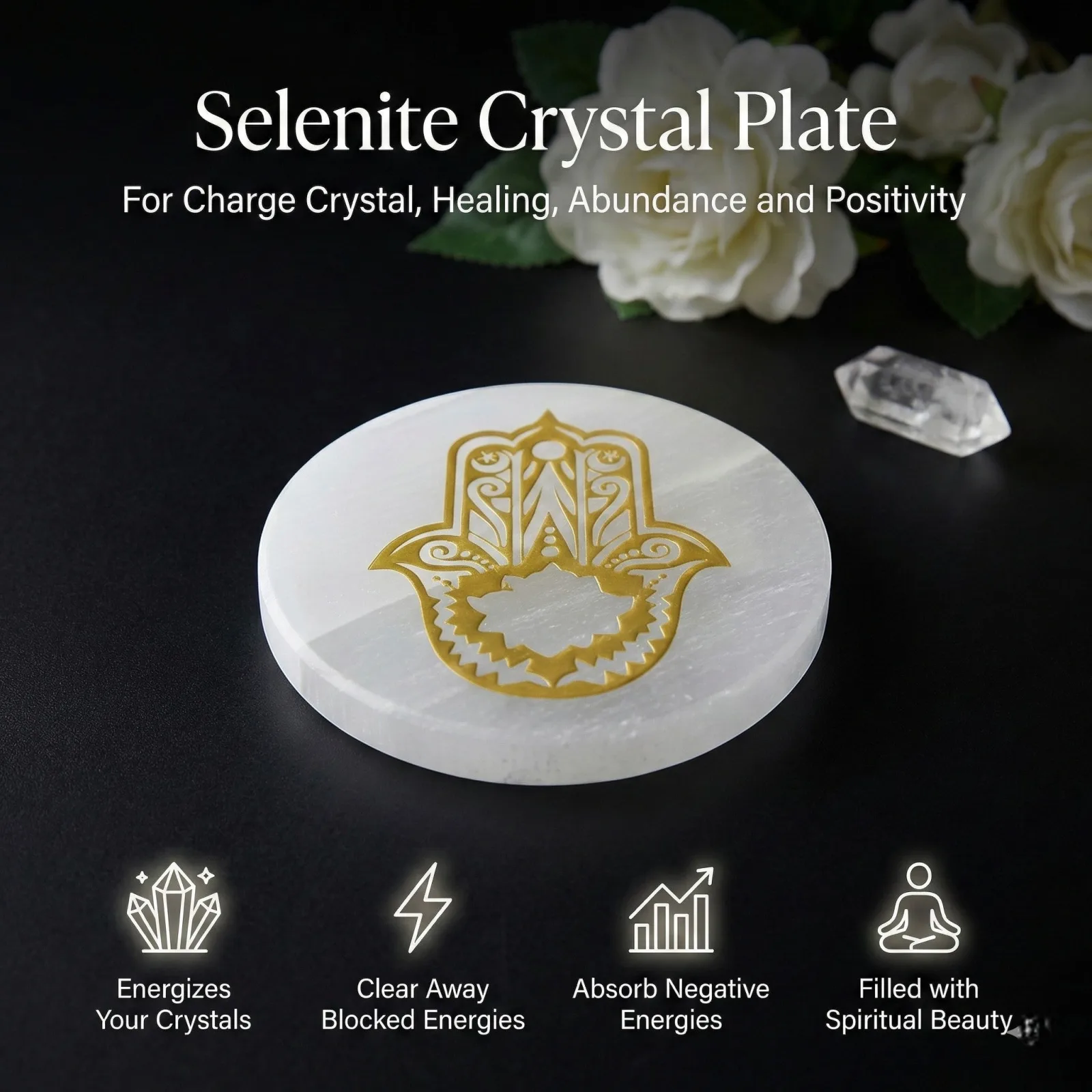 Hamsa symbol selenite Golden Circle plate