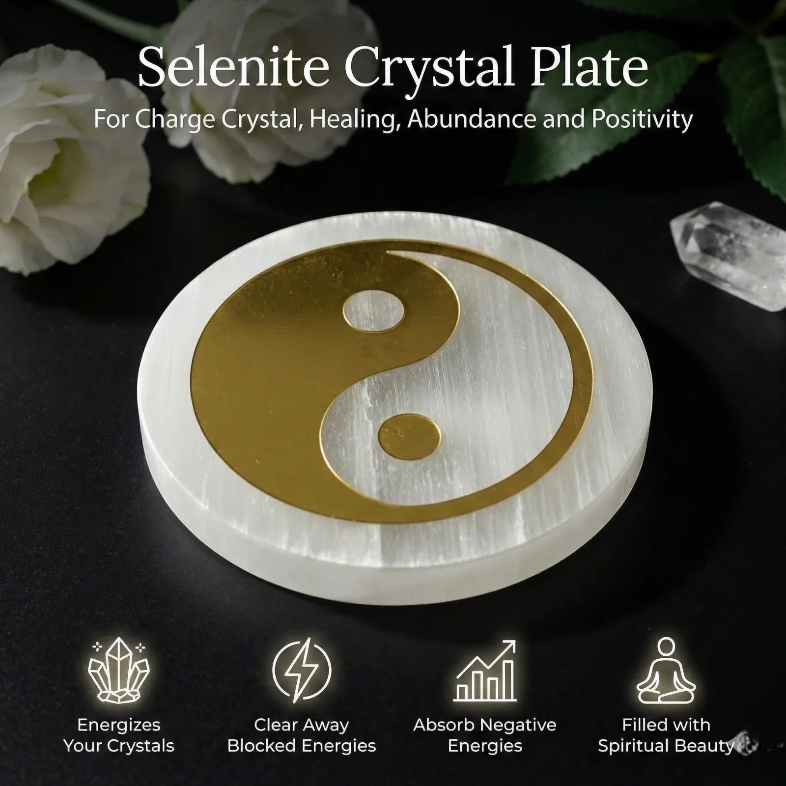 Yin Yang selenite Golden Circle plate
