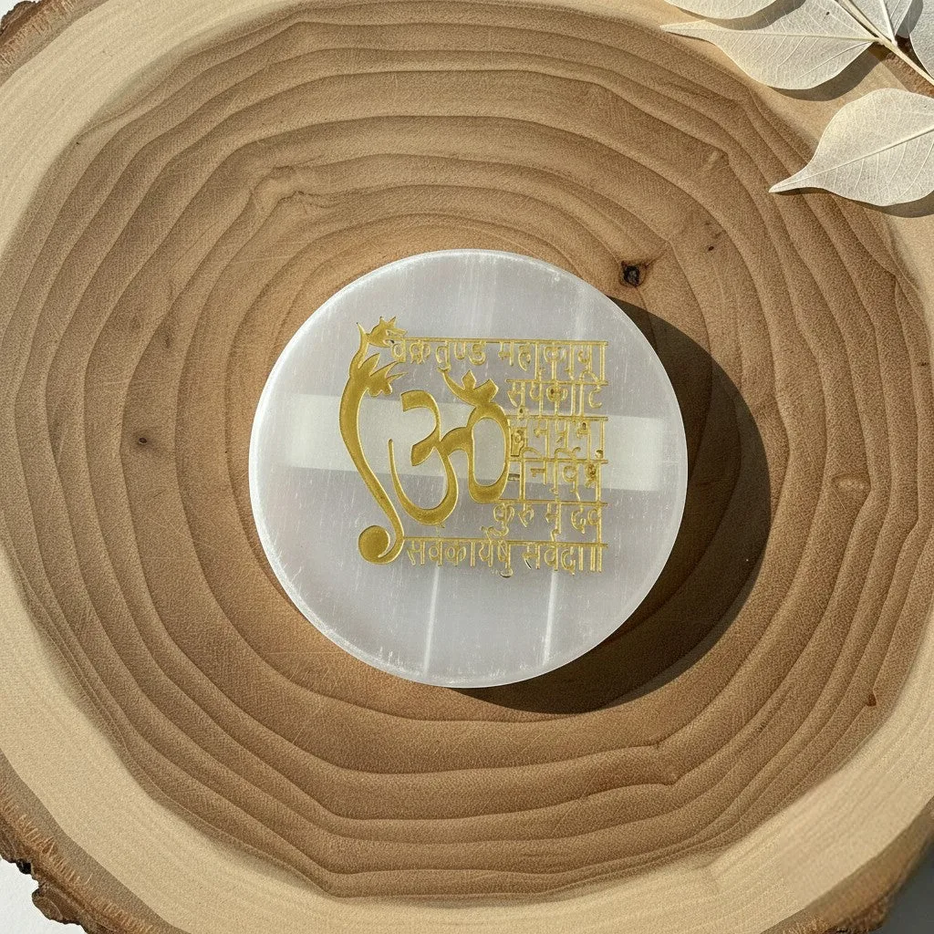 Vedic Shree Vastu Shubh selenite Golden Circle plate