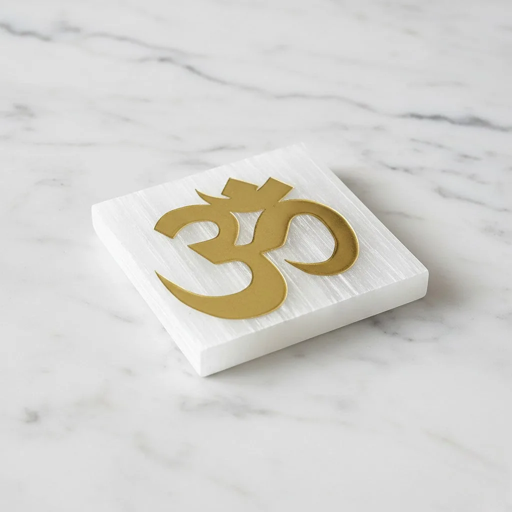 Om Symbol selenite Golden Square plate