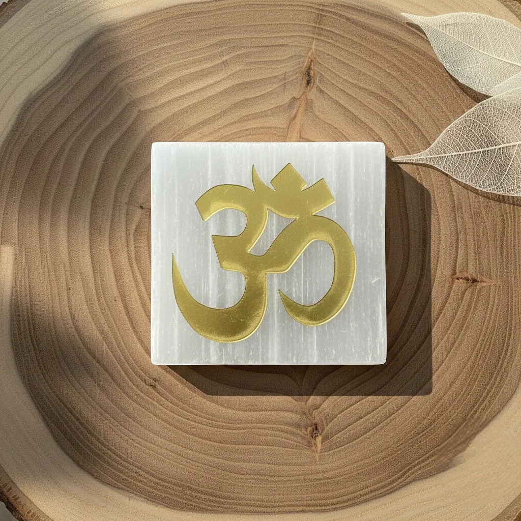 Om Symbol selenite Golden Square plate