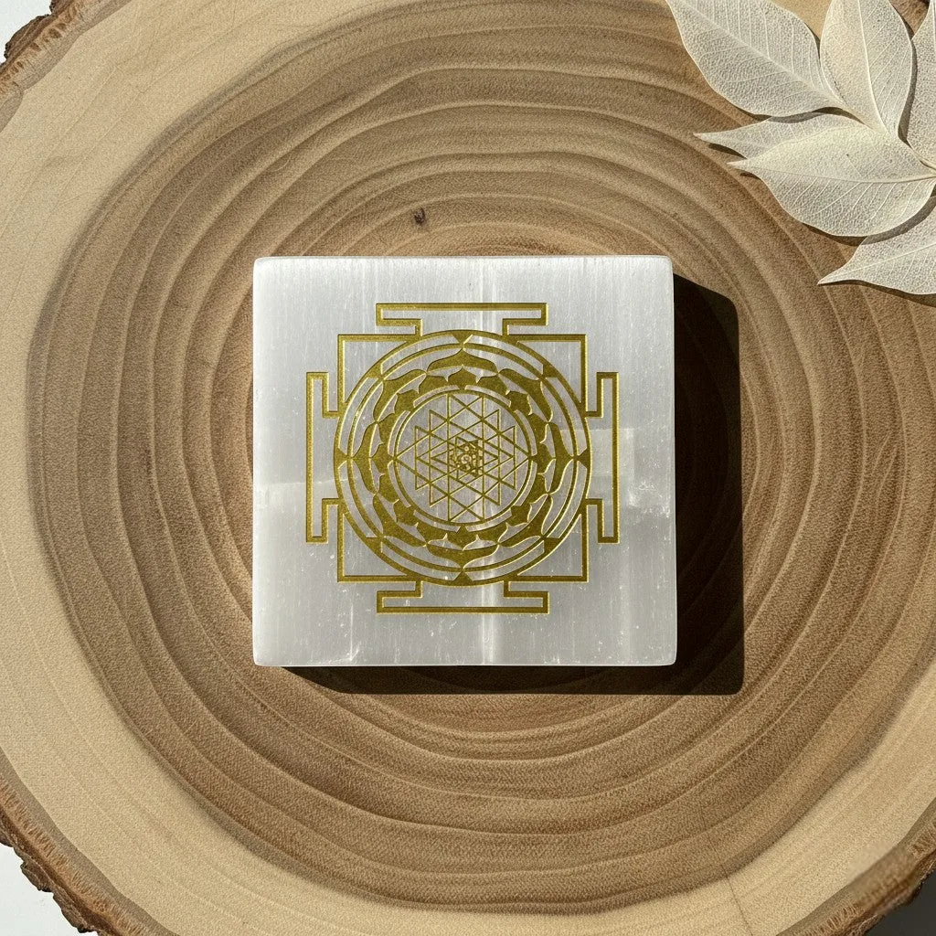 Shri Yantra selenite Golden Square plate