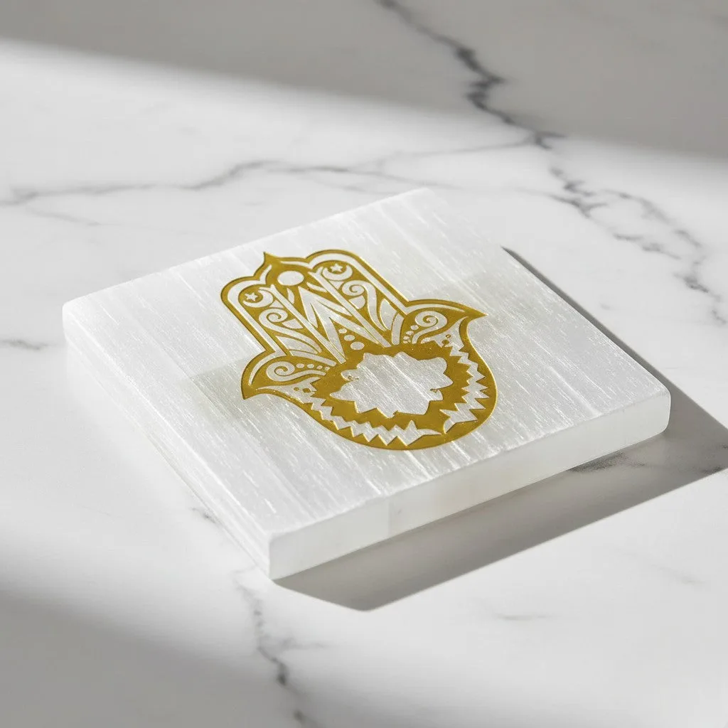 Hamsa symbol selenite Golden Square plate