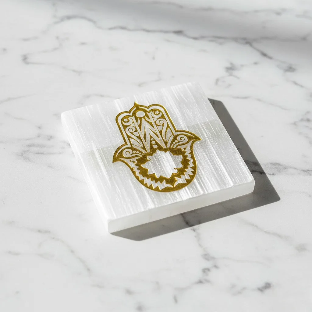 Hamsa symbol selenite Golden Square plate