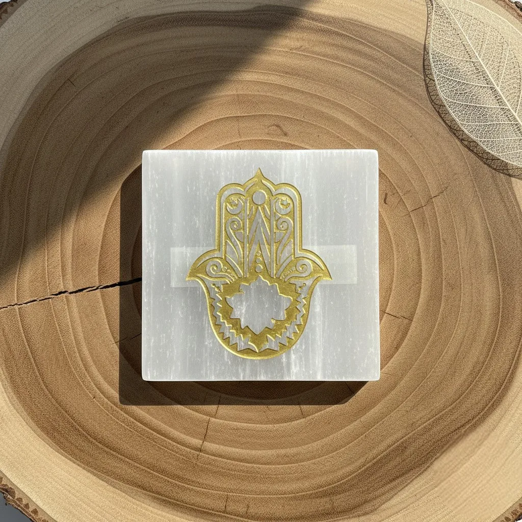Hamsa symbol selenite Golden Square plate