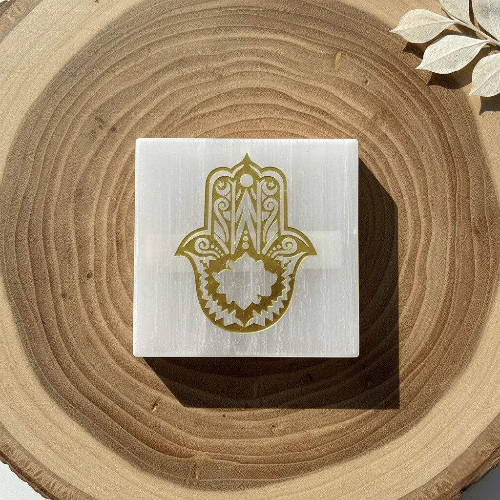 Hamsa symbol selenite Golden Square plate