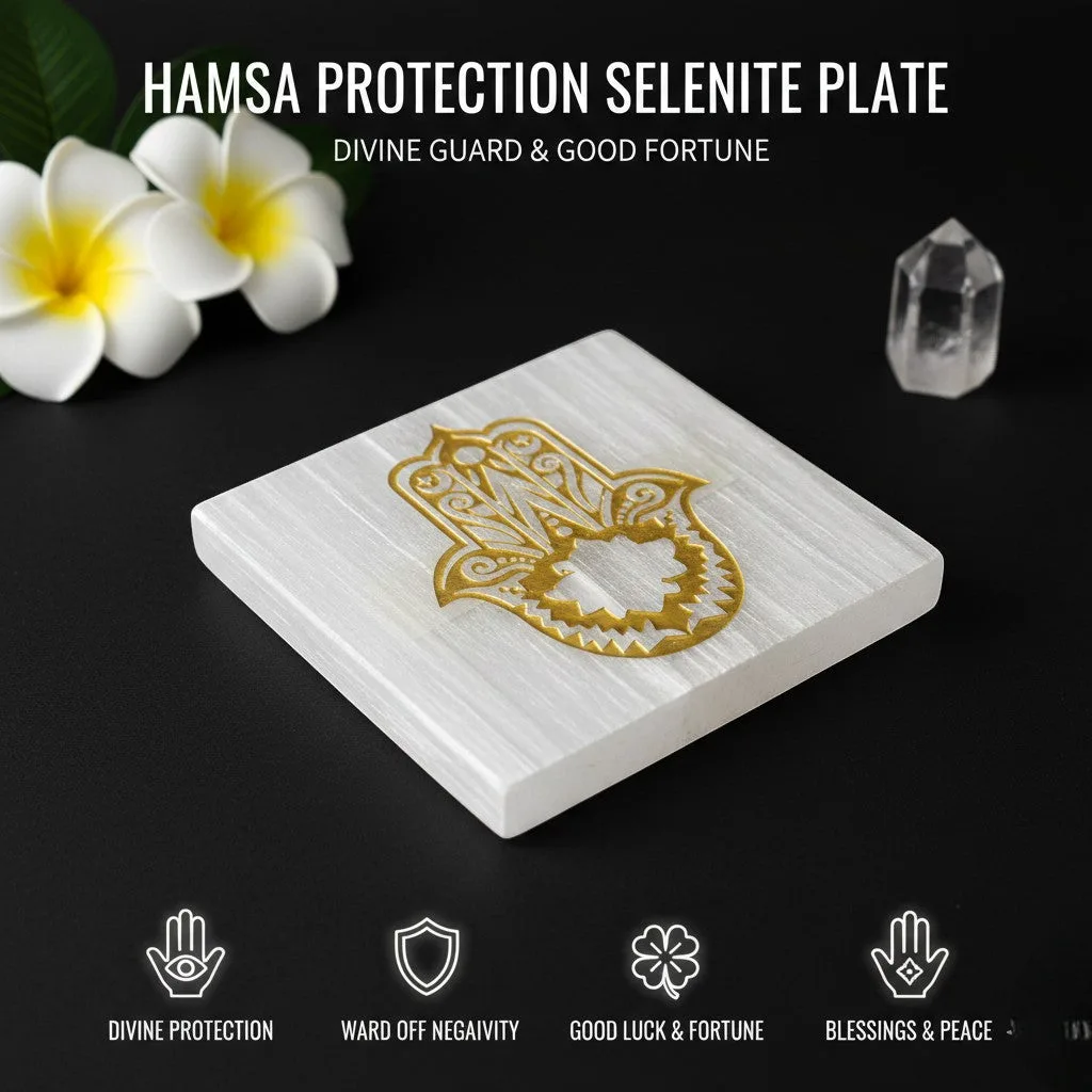Hamsa symbol selenite Golden Square plate
