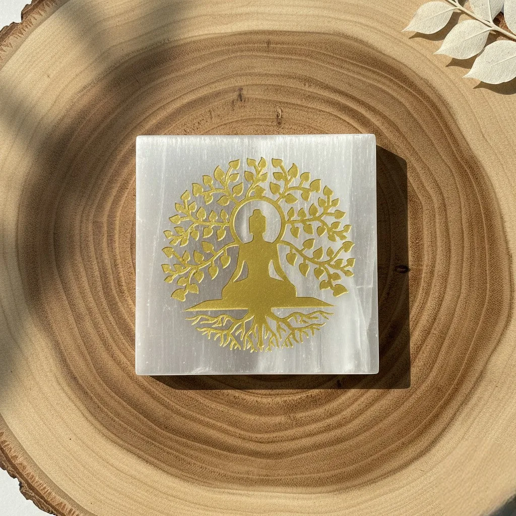 Tree Buddha selenite Golden Square plate
