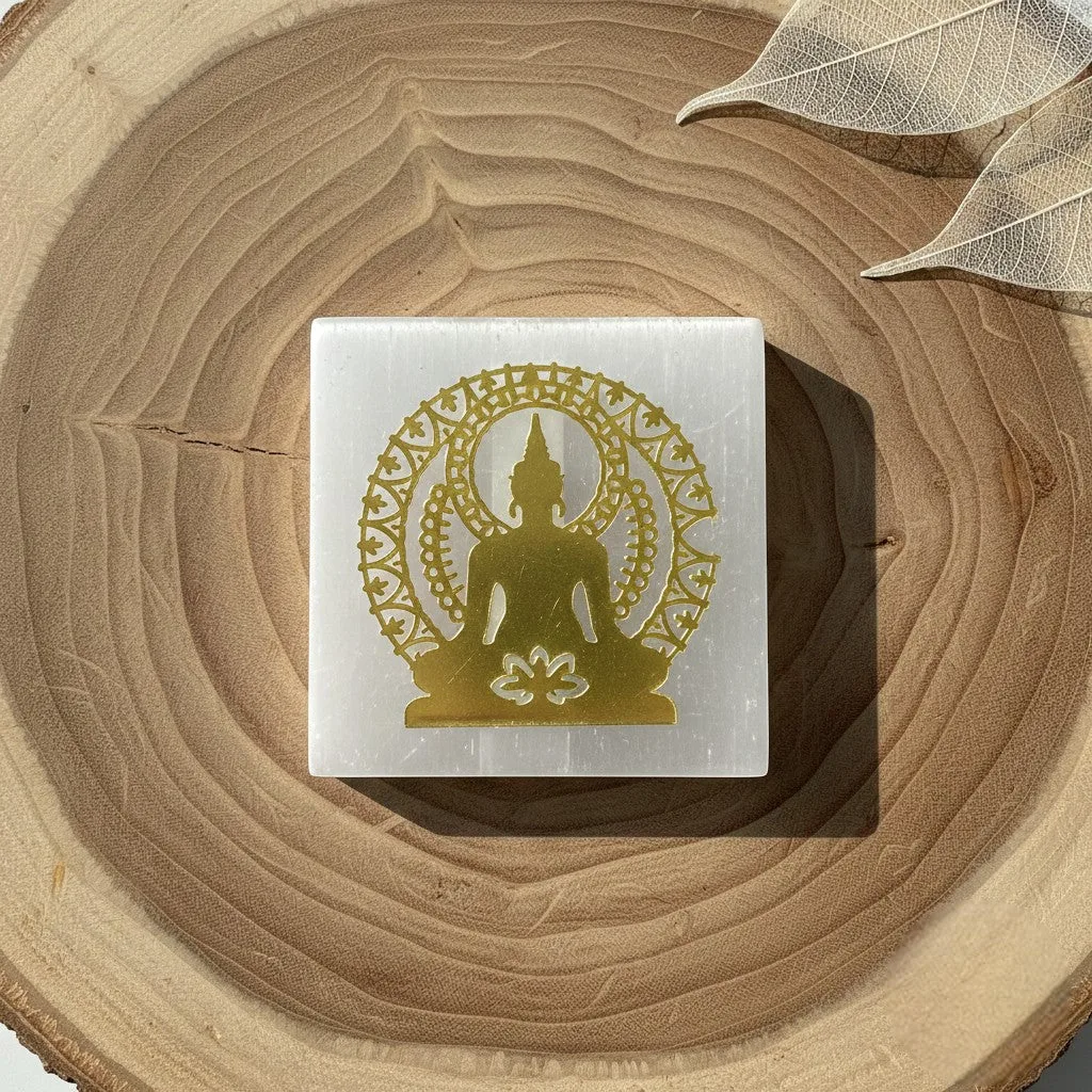 Buddha selenite Golden Square plate