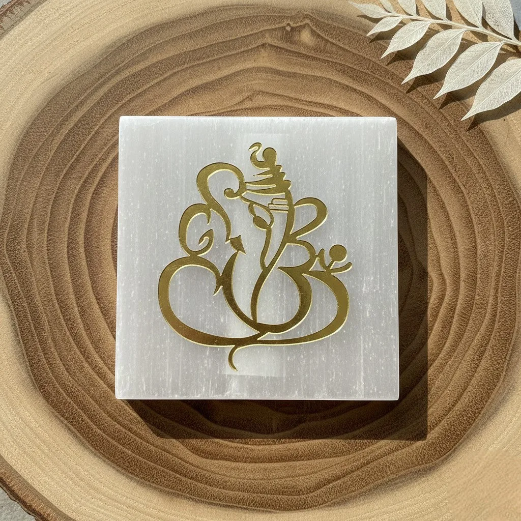 Ganesha selenite Golden Square plate