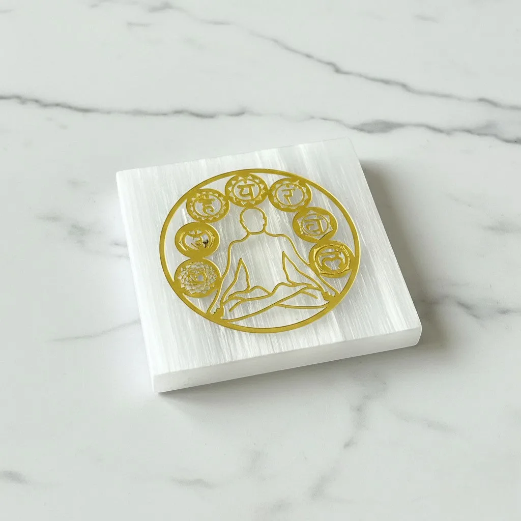 7 Chakras selenite Golden Square plate