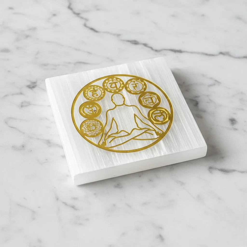 7 Chakras selenite Golden Square plate