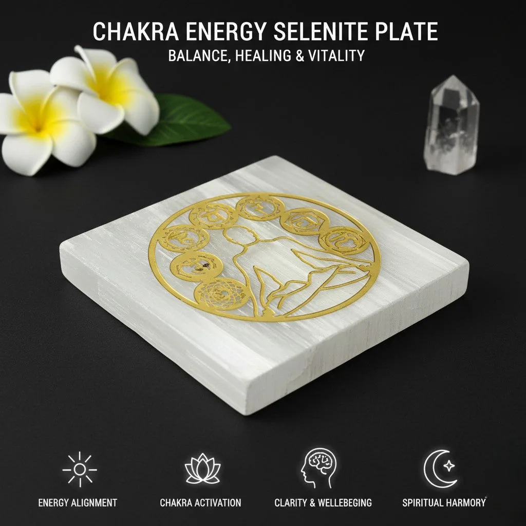 7 Chakras selenite Golden Square plate