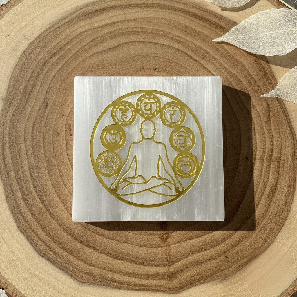 7 Chakras selenite Golden Square plate
