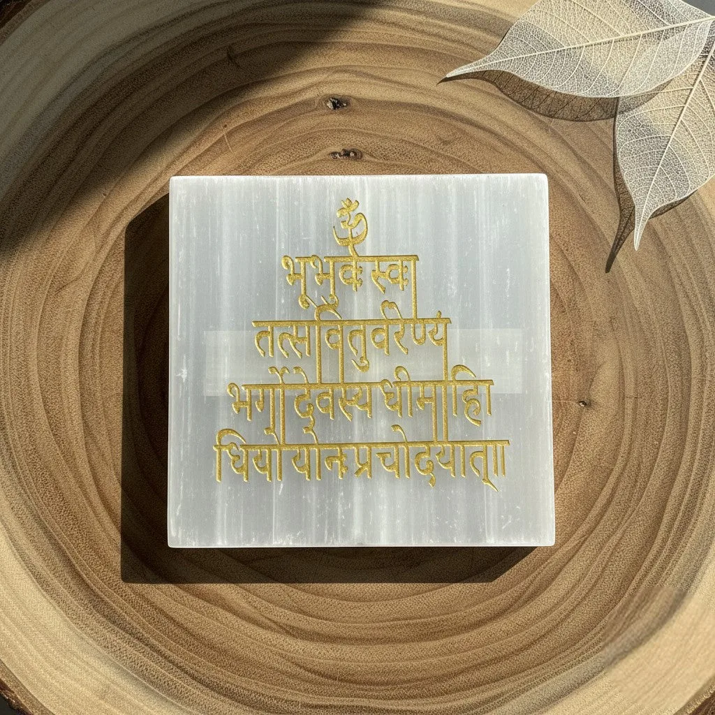 Gayatri Mantra selenite Golden Square plate