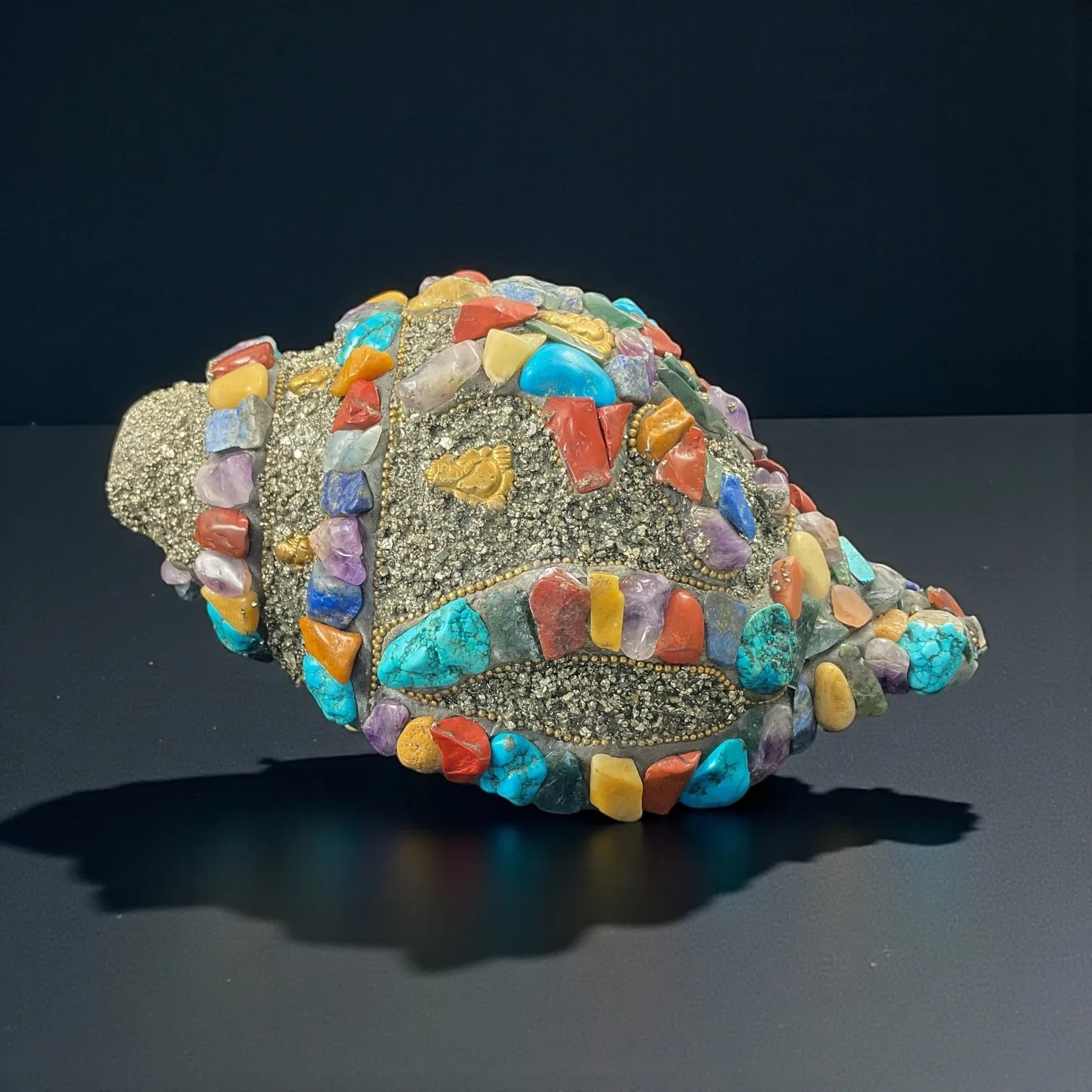 Divine Ganesh Sea Shankh with Pyrite & Multi Stone Art