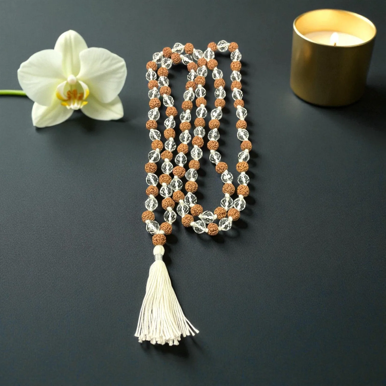 Rudraksha & Clear Quartz Mala (108 beads) 8 mm
